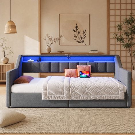 Cama nido 90x200 cm gris de lino y MDF con LED, USB-C, cajones y cama extensible (1/5)