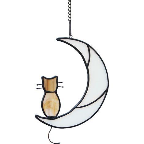 Chat tigré orange sur la lune, vitrail suspendu (1/5)
