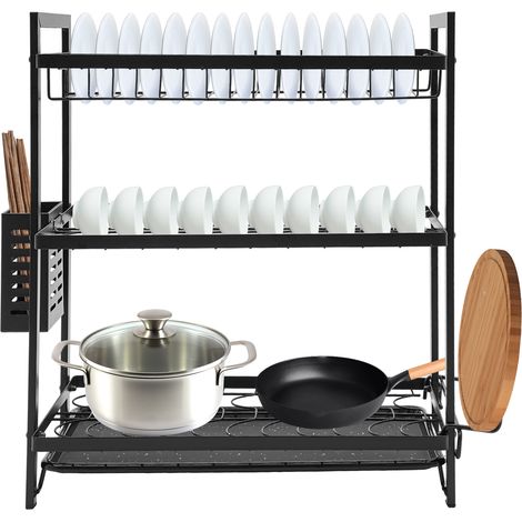 Drainage de vaisselle à 3 niveaux avec plateau à goutte à goutte, panier de couverts et porte-planche de découpe, pour planche de cuisine, noir (1/5)
