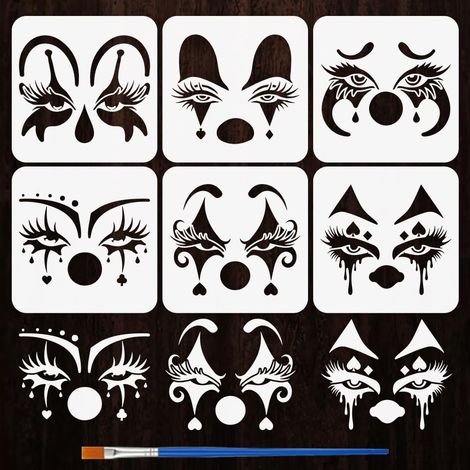 6 Styles Pochoirs Motif Yeux de Clown Avec Pinceau 20x20cm Pochoirs Peinture Masque de Clown Modèle Thèmes de Personnages pour Peinture sur Bois Sol Mur Scène Théâtre Maison Hantée (1/5)