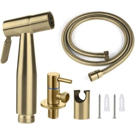 Ensemble de douchette WC bidet en acier inoxydable 304, robinet de chasse d'eau coudé, douchette bidet pressurisée finition or brossé (1/5)