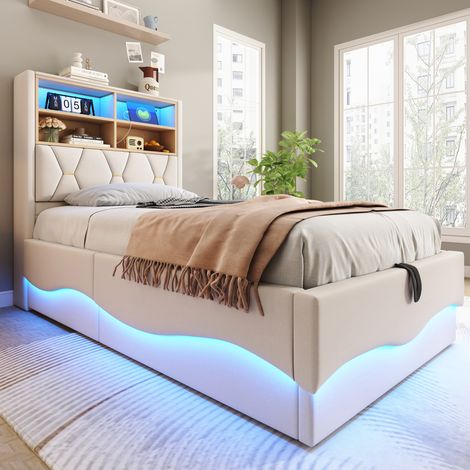 Kinderbett Polsterbett 90x200 cm mit hydraulischem Stauraum, LED per App/Fernbedienung, USB, Metallrahmen, Beige (1/5)