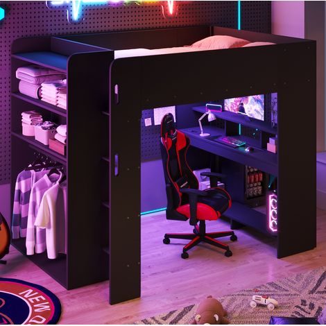 Lit mezzanine 140 x 200 cm noir avec bureau, armoire ouverte, rangements intégrés, éclairage LED et échelle à marches, structure en bois, pour chambre et espace gaming – CHICFURN (1/5)