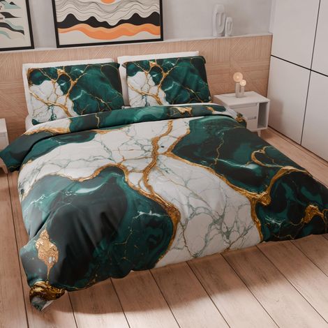 Housse de Couette 1,5 Place 200x200 cm 1 Taie 50x80 cm Incluse, Parure en Microfibre Imprimée Effet Marbre Canard (1/5)