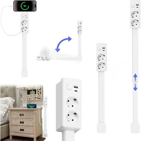 Rallonge de prise électrique rétractable (plage de longueur : 19,37 à 28,3 pouces Rotation à 180°) — Équipé de 2 prises secteur et de 2 ports USB (Dont 1 USB-C et 1 USB-A), ce gadget pratique offre (1/5)