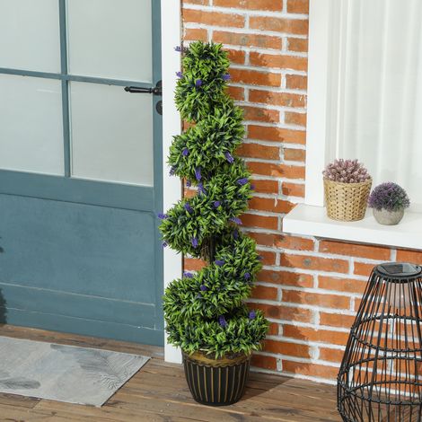 Lot de 2 buis verts spiralés 115cm et lavande bleue anti-UV, arbustes artificiels résistants pour extérieur. (1/5)