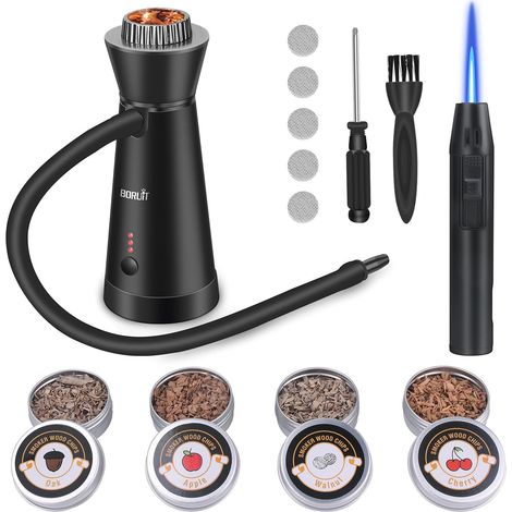 SK301B Smoke Gun with Lighter (No Butane) Smoke Gun Aluminium Alloy Smoke Infuser with 4 Packs of Wooden Chips, for Cooking, Meat, Cocktails, BBQ (1/5)