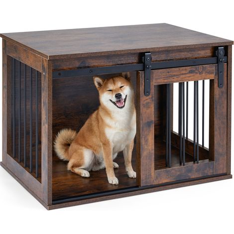 Cage pour chien mobilier robuste, niche pour chien avec porte coulissante de grange - marron rustique (1/5)