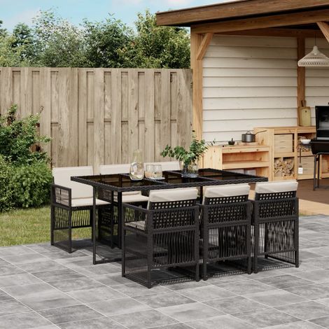 Set de comedor de jardín 7 pzas y cojines ratán sintético negro vidaXL