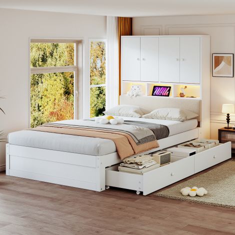 Lit en bois multifonctionnel, 90 x 200 cm, avec dossier rembourré, tête de lit avec espace de rangement, compartiments de rangement, éclairage LED et prise électrique, avec tiroir et sommier à lattes, (1/5)