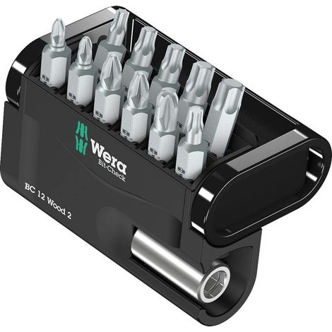 Wera Bit-Check 12 Wood 2 05057422001 Kit inserti 12 parti Croce Pozidriv, Croce Phillips, Profilo a T interno