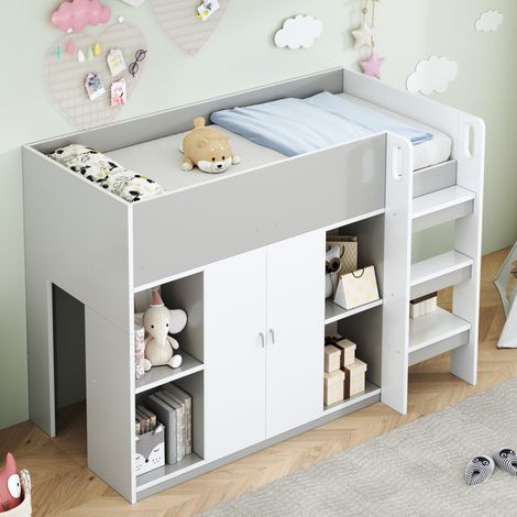 Lit mezzanine 90x200 avec rangement bois gris HAVRYA (1/5)