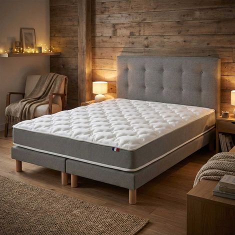 Ensemble matelas haute resilience H16 sommier et tete de lit capitonnee gris 160 x 200 (1/5)