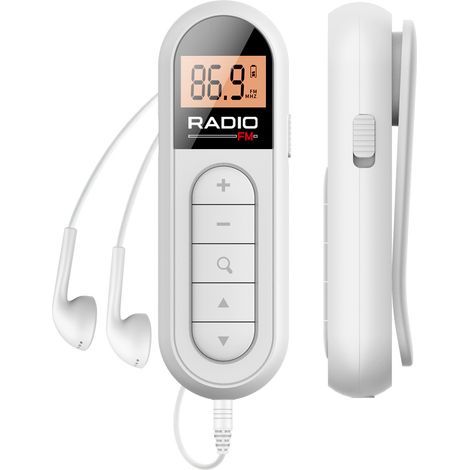 This portable FM radio is a pocket-sized rechargeable digital transistor radio, white (1 piece). (1/5)