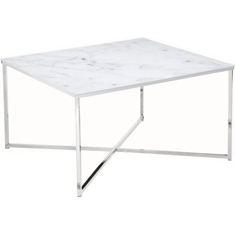 Table basse carrée en verre effet marbre blanc et métal chromé 80 x 80 x 45 cm - PANGIVO (1/5)
