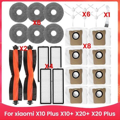 Brosses latérales principales, filtres HEPA et chiffon de nettoyage pour aspirateurs robots Xiaomi X10 Plus, X10+, X20+ et X20 Plus : brosses latérales, filtres HEPA et chiffon de nettoyage à poussièr