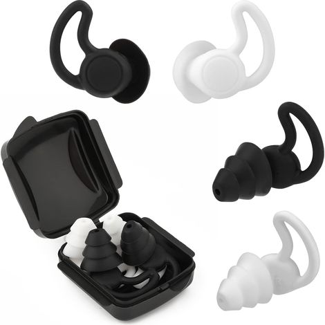 Bouchons d'Oreilles Silicone, 2 Paires Bouchons d'Oreille Anti Bruit Imperméables Réutilisables Doux pour Dormir Ronflement Travail Concerts Protections Auditives Industrielles (Noir, Blanc) (1/5)