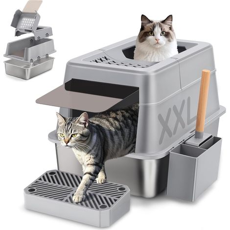 XXL Stainless Steel Cat Litter Tray with Lid, Large 110° Folding Cat Litter Tray, Large Capacity 38L with Scoop and Pedal, Waterproof and Easy to Clean, 24 x 42 x 39 cm (1/5)