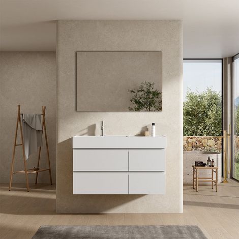Mobile bagno sospeso 100 cm Bianco Lavabo a Sinistra in Resina Specchio Quadro - Fiji Wood (1/4)