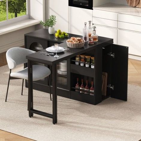 Table haute de cuisine extensible 360° avec rangements, portes vitrées et étagères, MDF noir, meuble bar multifonction