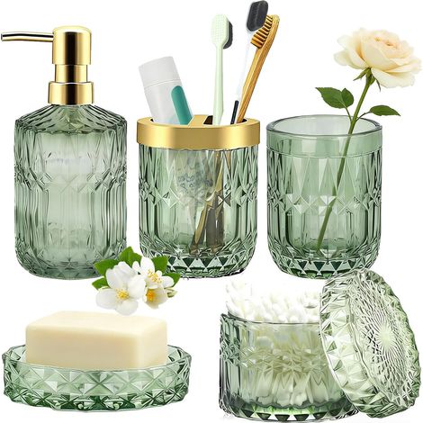 Lot de 5 - Accessoires Salle de Bain - Verre - Distributeur Savon Porte Brosse à Dents Tasse Pot Coton-tiges - Organisation Hygiène Quotidienne - Vert Clair (1/5)