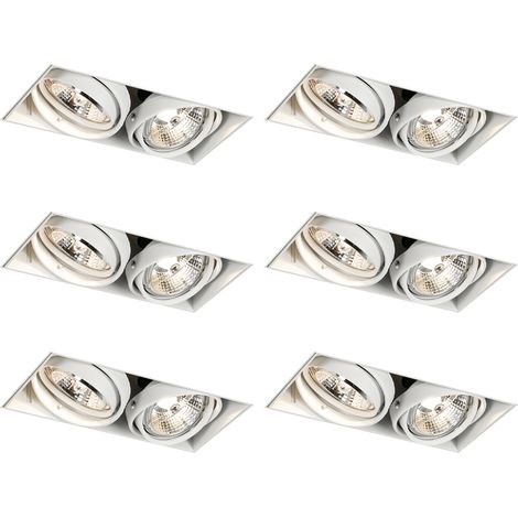 QAZQA Moderno Juego de 6 focos empotrables blancos GU10 70mm 2-luces sin borde - Oneon Acero Rectangular Adecuado para LED Max. 12 x 50 Watt