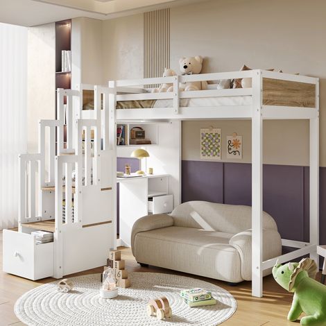 Cama alta 90/200 cm blanca y madera natural con escritorio, cajones y escalera con almacenaje (1/5)
