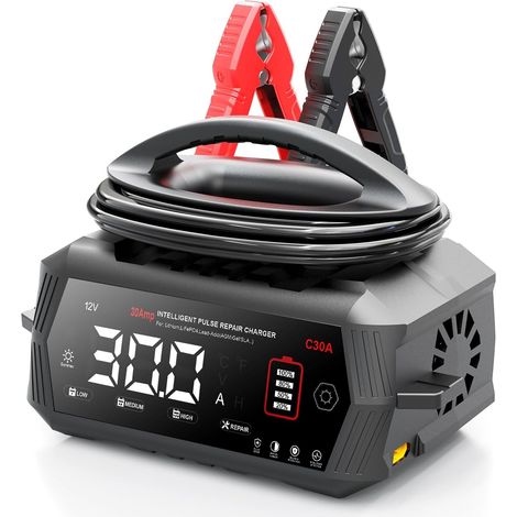 Chargeur C30A pour batteries de voiture, 6 V/12 V/24 V, chargeur de batterie de voiture pour voiture, moto, tondeuse à gazon, bateau, lithium, LiFePO4 et acide plomb-acide (AGM, Gel, MF, EFB, SLA (1/5)