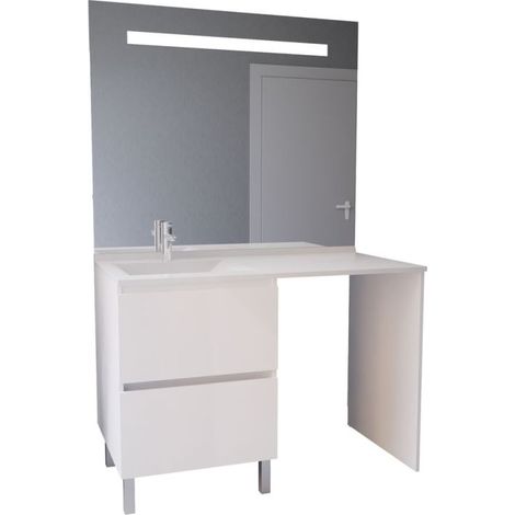 Meuble lave-linge IDEA, plan vasque déportée + Miroir Elégance h105- Blanc- Vasque à gauche