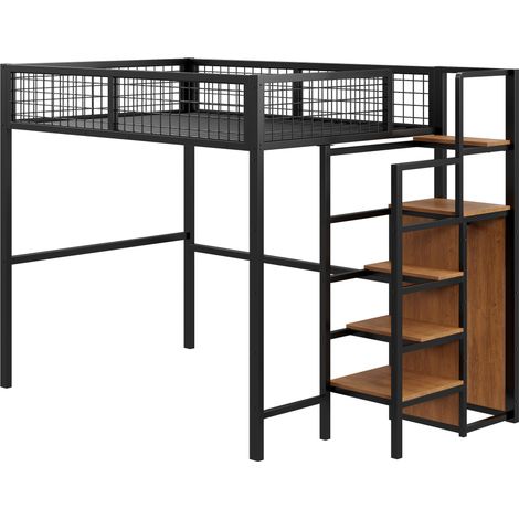 Cama Alta, Cama Doble con Escalera y Armario, 140×200 cm, sin Colchón, en Metal, Negro (1/5)