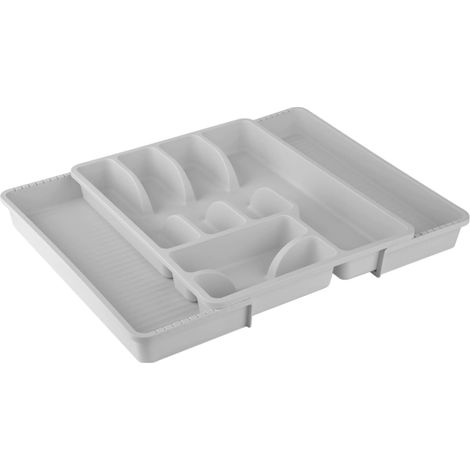 1 range-couverts réglable, gris clair, panier à couverts avec 8 compartiments, en plastique, sans BPA, porte-couverts, range-couverts pour tiroirs de cuisine, dimensions : 29-51 x 38 x 5 (1/5)