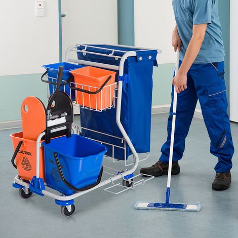 Chariot de nettoyage avec 2 seaux de 18 L et 2 seaux de 6 L, chariot porte-serpillères, chariot ménager avec presse-serpillères, panier de rangement, bleu/orange, 93 x 80 x 97 cm