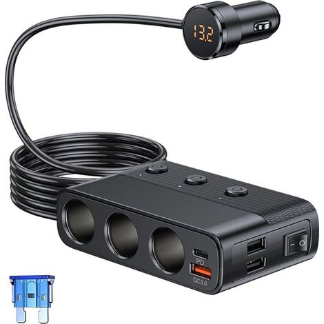127W Adaptateur de Prise Allume-Cigare 3 Prises/USB QC 3.0 /PD/Dual USB,12V/24V Multiprise de Voiture de Allume Cigare avec Interrupteur Individuel et Voltmètre LED (1/4)