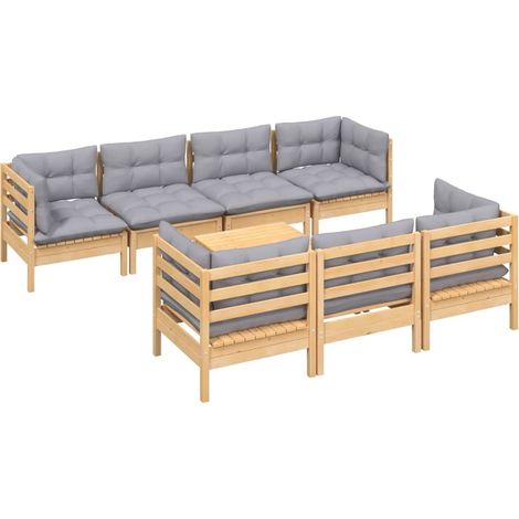 "Muebles de jardín muebles de exterior juego de muebles de 8 piezas con cojines grises madera maciza de pino 020017579" (1/5)