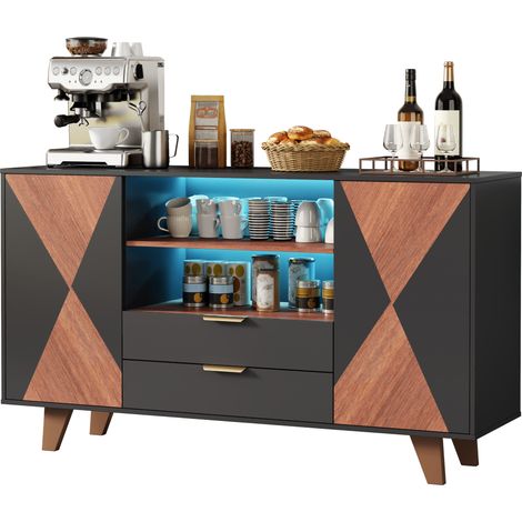 Buffet de cuisine Noir,meuble moderne avec LED,avec 2 tiroirs,étagères réglables,plan de travail,150x40x90cm (1/5)