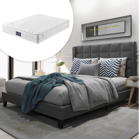 Letto imbottito in lino grigio 140x200 cm con rete a doghe e materasso a molle insacchettate inclusi (1/5)