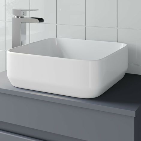 Bathroom Vanity Wash Basin Sink Countertop Square Curved White Modern 365x365mm (1/3)