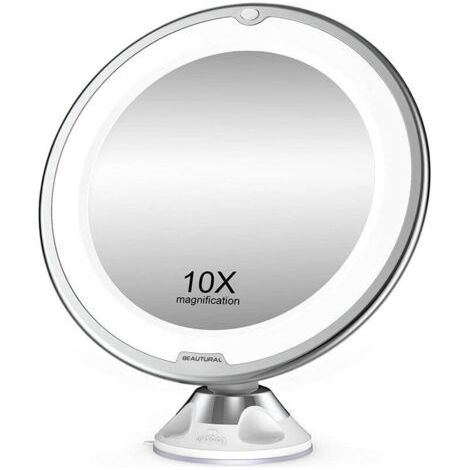 Grossissant Miroir Maquillage 10x avec Lumières LED 1 Joint à Bille d'attache Ajustable à 360° Miroir Cosmétique Portable, pour Salle de Bain, Voyage,de DEBUNS