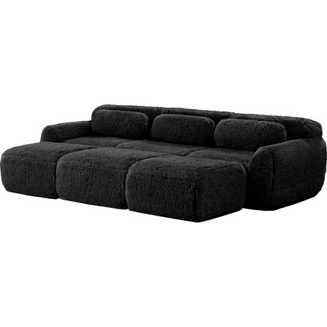 ELVMI Modulares 3-Sitzer-Sofa mit 3 Ottomane, Rahmenloses Sofa aus Plüschstoff, Schwarz (1/5)