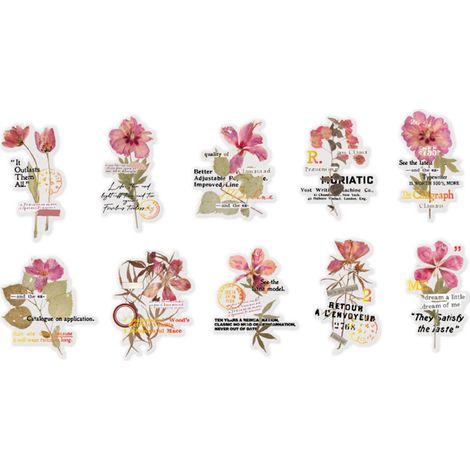 Lot 10 autocollants fleurs transparents PET vintage artisanat pour décoration carnet cahier type 3 (1/5)