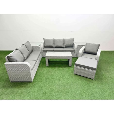 Fimous 8 Seater Poly Rattan Outdoor Garden Furniture Oblong Coffee Table Sofa Set Patio 3 Seater Sofa Reclining Chair 3 Seater Sofa Big Footstool 2 Side Table Light Grey (1/4)