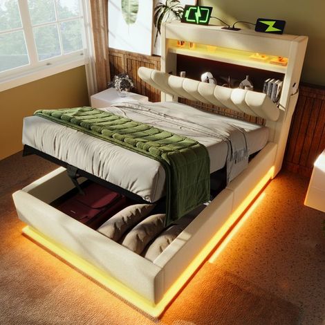Lit 1 place rembourré lin 90 x 200 cm — rangement hydraulique, tête USB/Type‑C et LED, beige