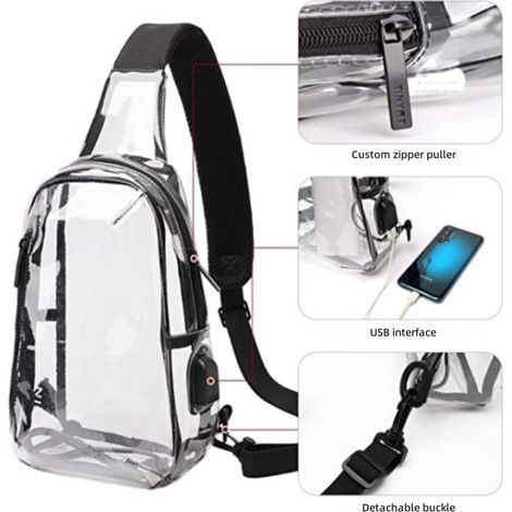 Sac bandoulière transparent avec port USB, grande capacité unisexe style décontracté (1/5)