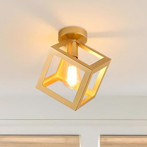 Plafonnier Luminaire Moderne Lustre Forme Cage Lampe de Plafon Vintage Abat-jour de Style Géométrique en Métal E27 Éclairage pour Chambre Salon Restaurant, Forme de Cube,16CM, Doré (1/5)