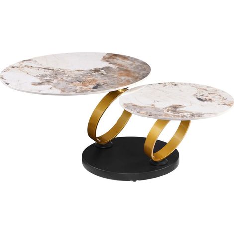 Mesa baja SOLYNE 135 cm blanca efecto mármol con anillos dorados y bandejas giratorias (1/5)