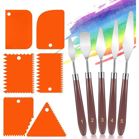 11 Couteaux à palette, Acier inoxydable, Manche bois, 5 Spatules, 6 Gratteurs, Peinture huile, Aquarelle, Artiste (1/5)
