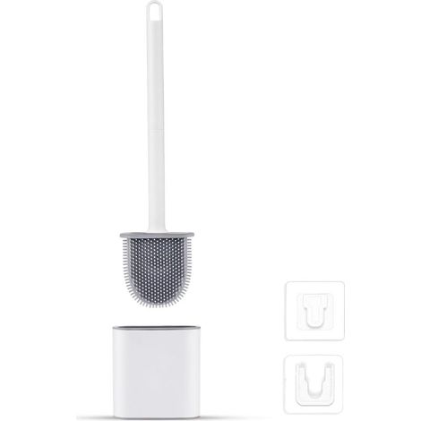 Brosse WC Silicone Plate- Brosse Toilette et Supports, Anti-goutte, Antibactérienne, Balayette WC Ventilée, Séchage Rapide sans Odeur, Balai WC Montage Mural/au Sol, Salle de Bain et WC Blanc (1/5)