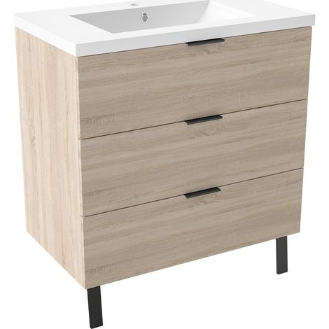 OCEAN Meuble Salle de Bain Chêne Mat, 79x46x85cm - 3  Tiroirs et Vasque, MDF