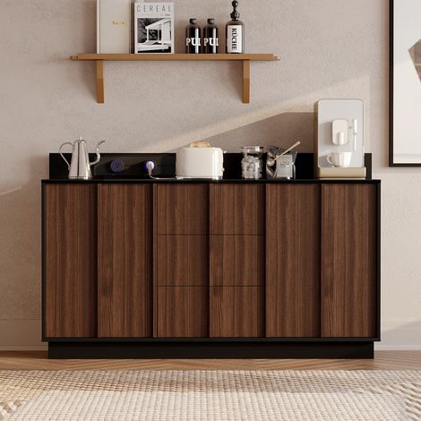 Buffet avec prise coulissante, marron+noir, MDF, 150×40×92 cm (1/5)
