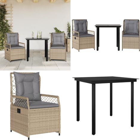 3-tlg. Garten-Essgruppe mit Kissen Beige Poly Rattan - Gartenstuhl - Gartentisch (1/5)